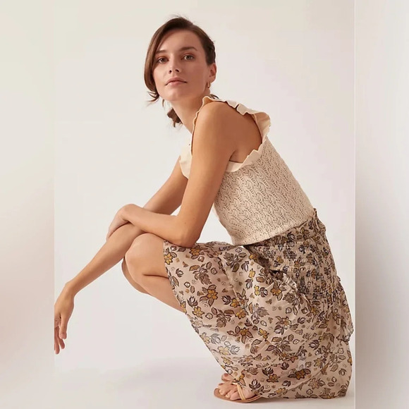 Anthropologie Current Air Sweater Dress Smocked Ruffle Crewneck Floral Knit Mini - Picture 1 of 9